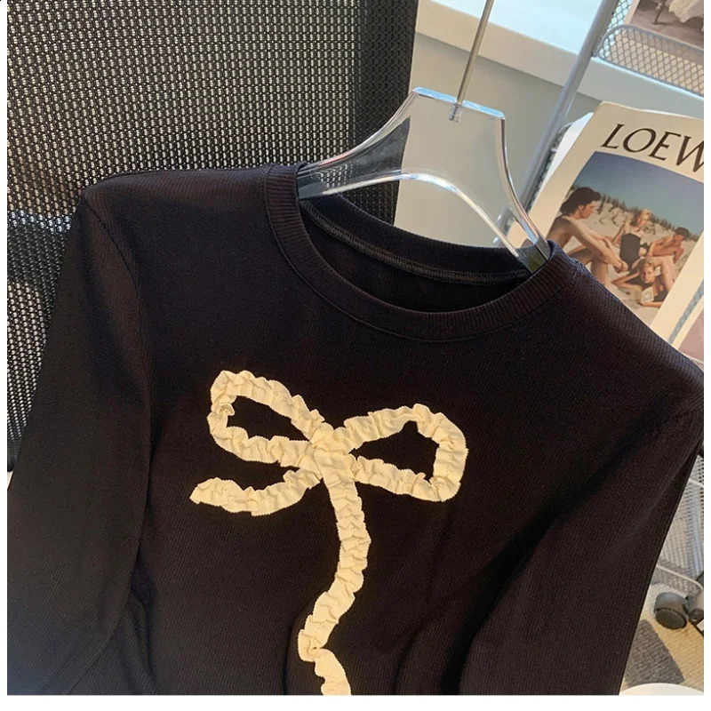 Spring Bow Oneck Knitted Top for Women 2000s Fashion Retro Loose Pulling Strapless Y2k Grunge Long Sleeve Black Sweater 240821
