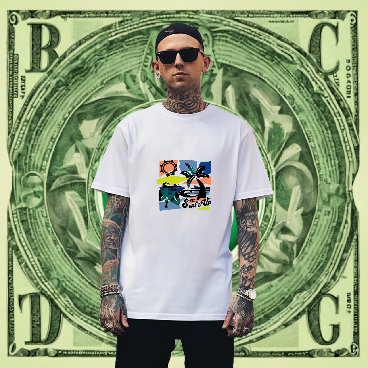 TOP Quality Men Tshirts Beach 230g Pure Cotton Black White Crew Neck Breathable beach T-Shirts 2024 Summer Tops Shirt