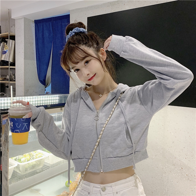 autumn new women's cardigan long sleeved sweatshirt jacket women hooded high waisted solid color short top ins trend dongdumaoyi
