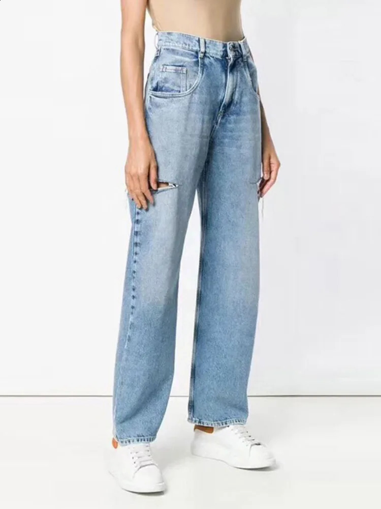 DEAT Fashion Womens Loose High Waist Wide Leg Denim Pants Hollow Blue Long Straight Jeans Autumn Collection L2901H 240821