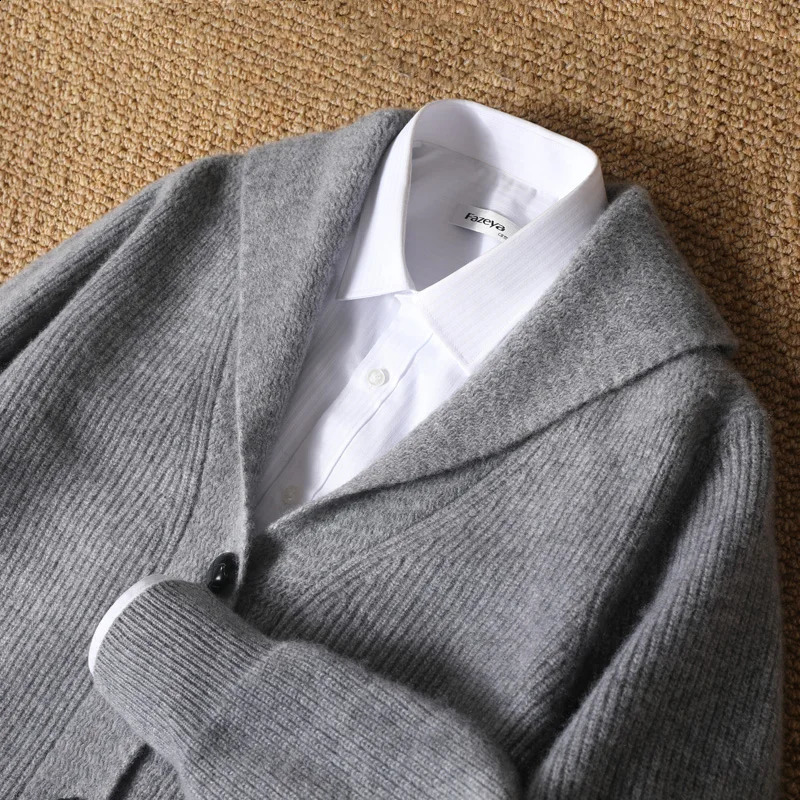 Autumn and winter 100% pure cashmere knit cardigan mens anti-collar solid color padded sweater with business and leisure co 240821