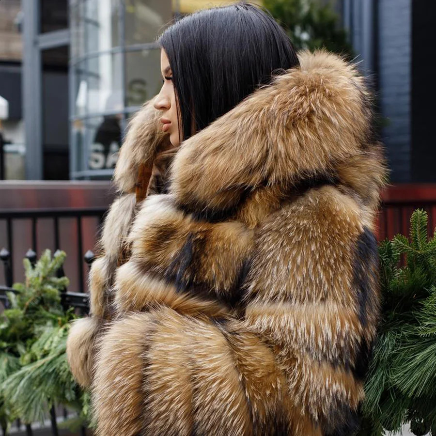 Fashion Hooded Fur Coat Jacket Women Real Fur Coat Fox Fur Winter Short Thick Raccoon Fur Jacket Female Fur Coat Natural Fur 240821