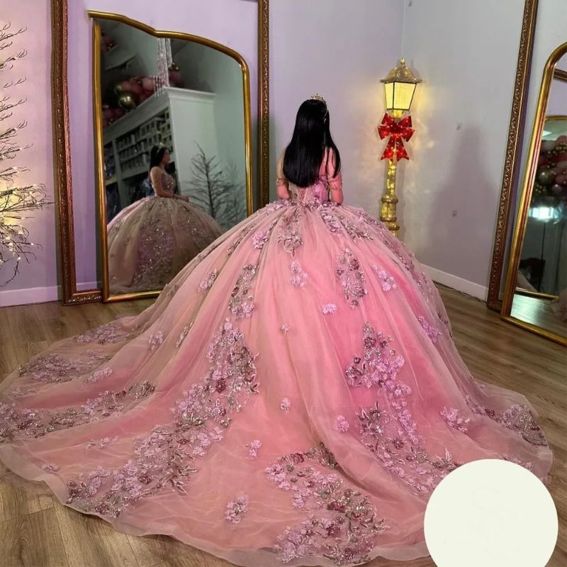 Pink Princess Quinceanera Dresses Ball Gown Off The Shoulder Sequined Appliques Lace Beading Crystal Sweet 16 Vestidos 15 De XV Anos