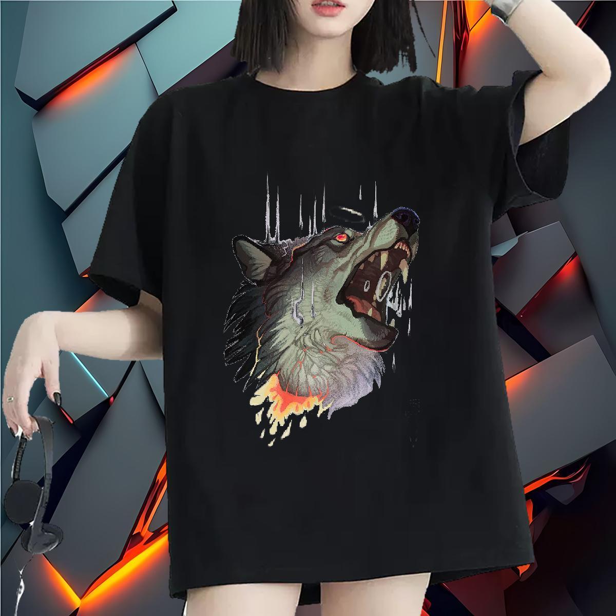 Fashion T Shirts Women Crew Neck 230g Cotton Couples T Shirts Black Oversized wolf Summer Casual Popular Tees Shirts