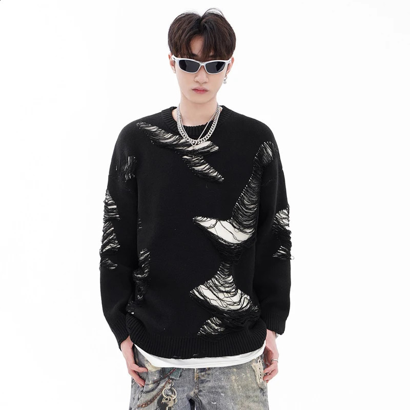Vintage Sweater Grunge Ripped Hole Knitted Solid Plain Jumpers Streetwear Hip Hop Harajuku Men Punk Gothic Long Sleeve Sweaters 240821