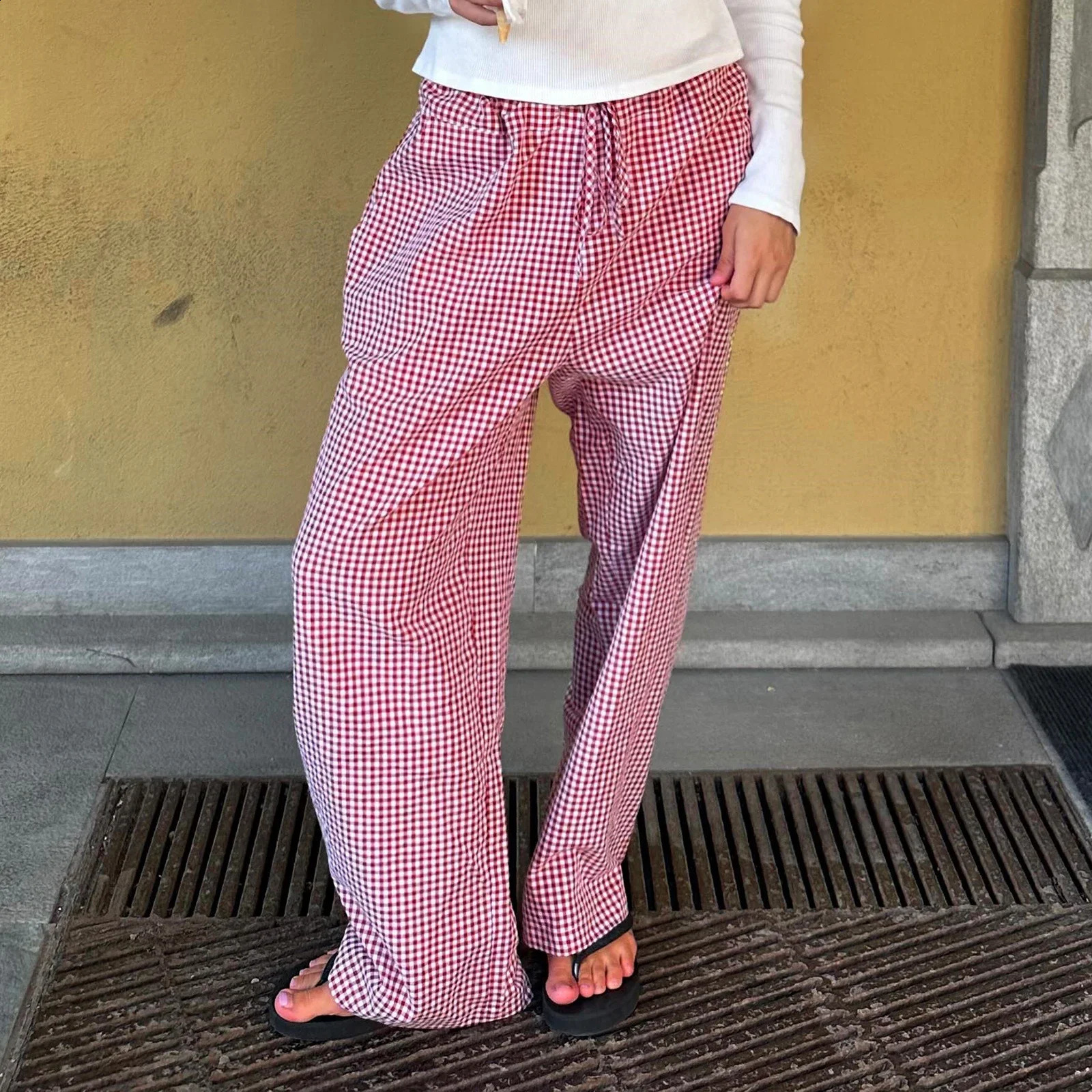 Combhasaki Womens Y2K Retro Aesthetic Wide Leg Drawstring Thin Pants Summer Casual Elastic Plaid Loose Trousers with Pockets 240821