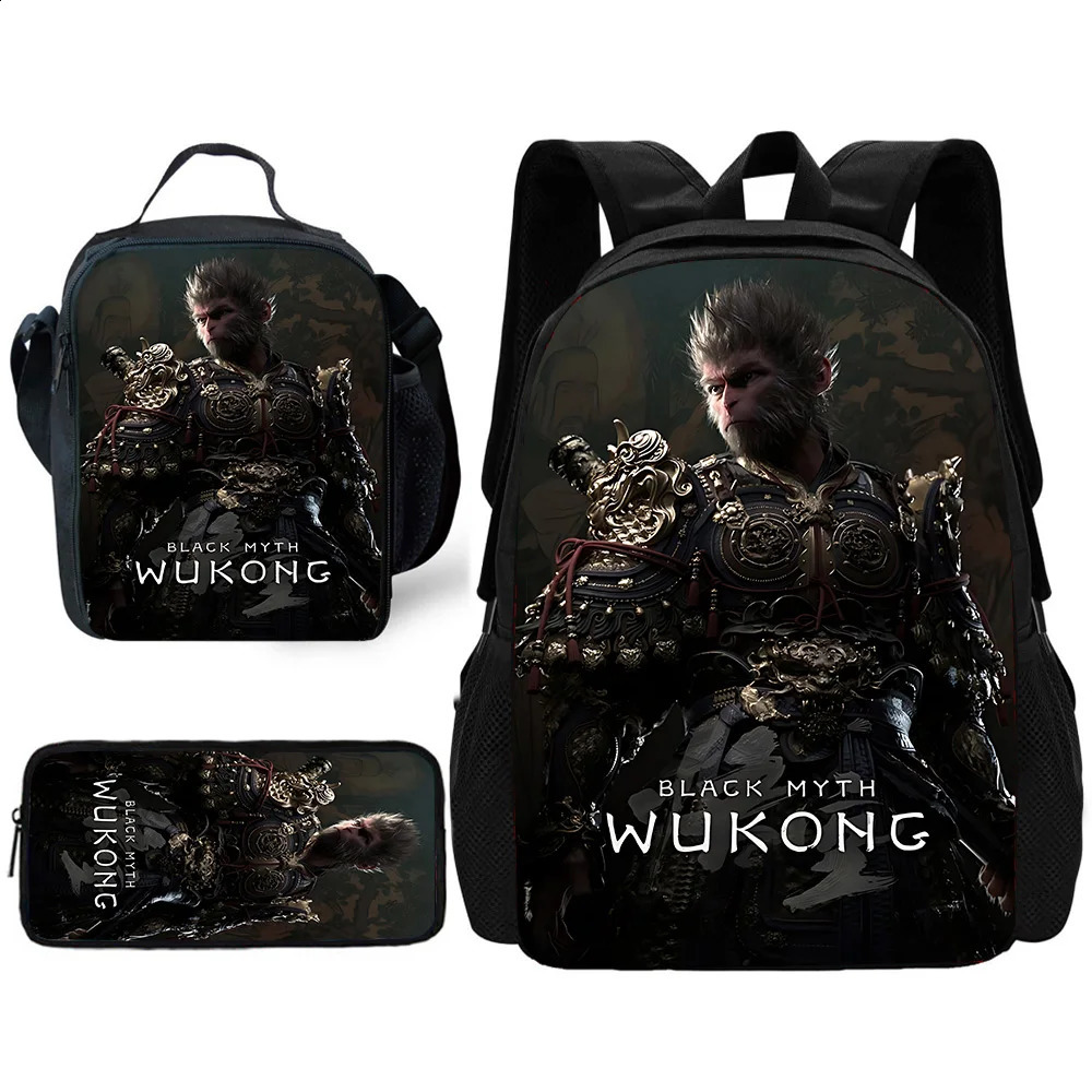 Black Myth Wukong Child School Backpack with Lunch Bags Pencil for Boys Girls Gift 240822