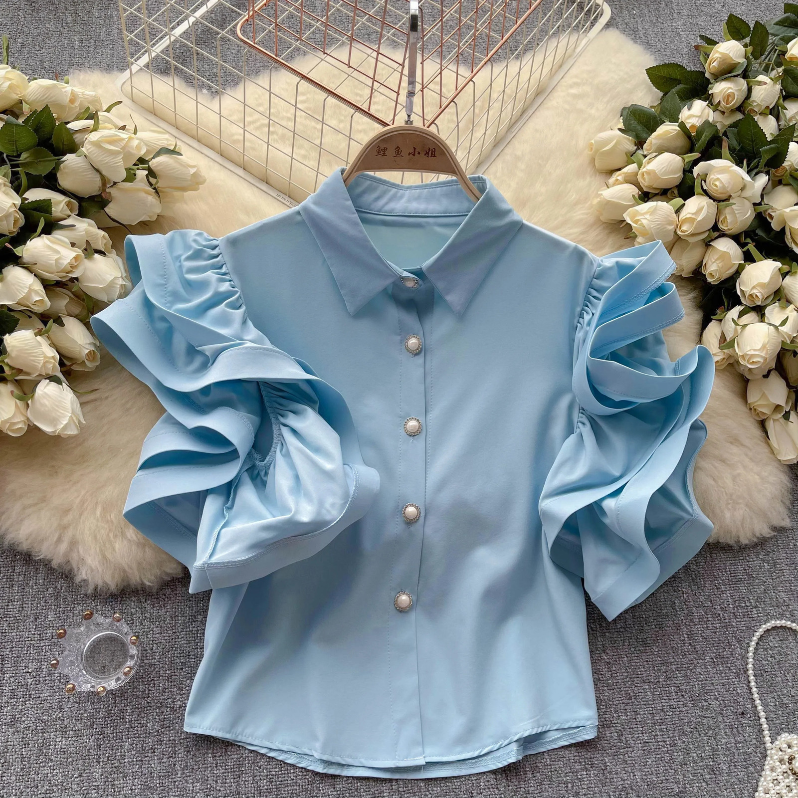 Elegant Blouse Top Women Turn-down Collar Short Sleeve Blouses Woman Solid French Chic Camisas Retro Ruffles Drop
