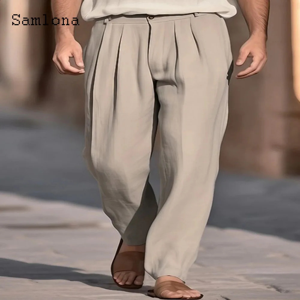 Samlona Men Casual Straight Linen Pants Solid Khaki White Stand Pocket Trousers Plus Size Mens Elegant Fashion Sweatpants 240822