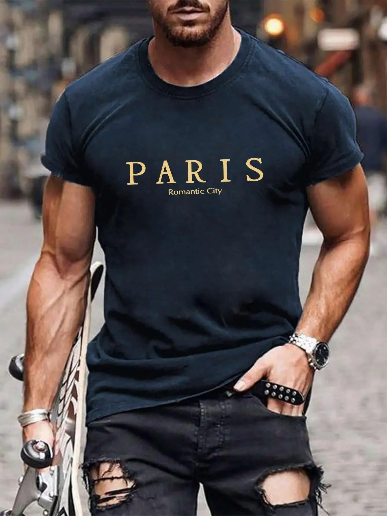 Paris Romantic City Letter Printed Tshirt Mens Summer Loose Clothing Cotton Oversized Street Soft Top 240822