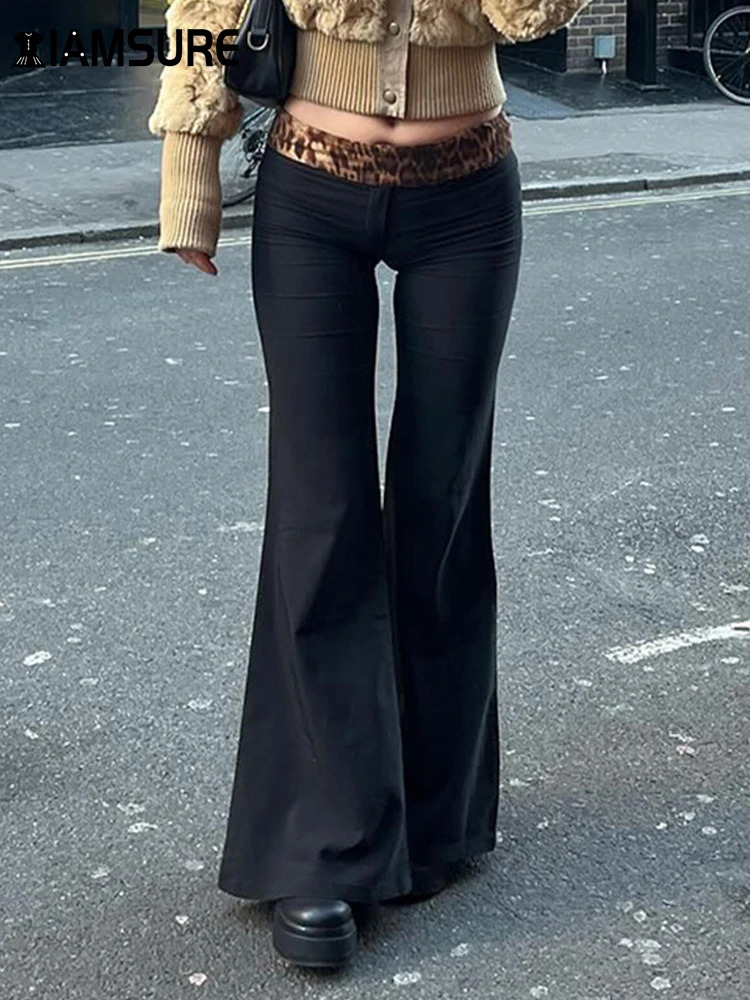 IAMSURE Y2K Patchwork Leopard Printed Flare Pants Casual Slim Low-Waisted Wide Leg Pants Women Autumn Spring Streetwear 240821