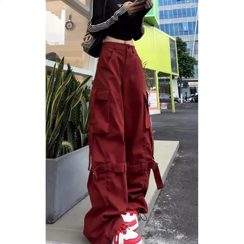 Vintage Casual High Waist Red Cargo Pocket Pants For Women Streetwear Style Wide Leg Overalls Baggy Y2K Trouser 240821