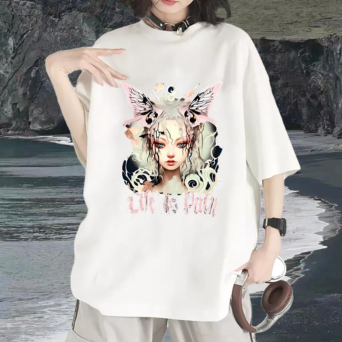 Fashion New Woman T Shirts 230g 100% Cotton Crew Neck Daily Outfit Butterfly Girl Women Tees High quality Oversized Tops