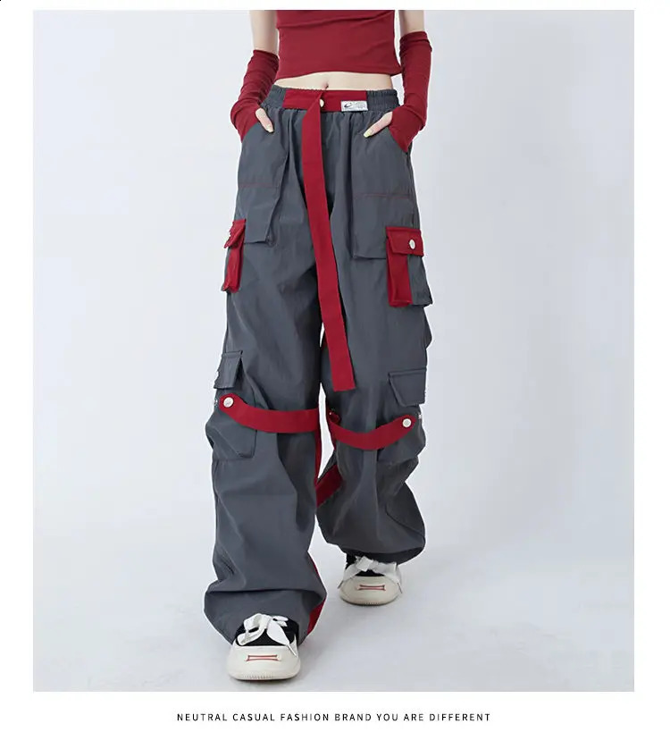 High Street Hip Hop Women Pants High Waist Color Block Overalls Wide-leg Casual Straight-leg Pants Y2k American Retro Streetwear 240821