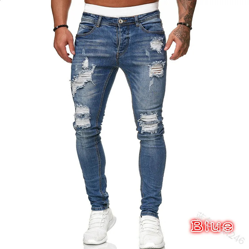 Mens slim jeans casual ripped micro-elastic skinny feet jeans mens hip hop style paint cover tear personality pants men 240821