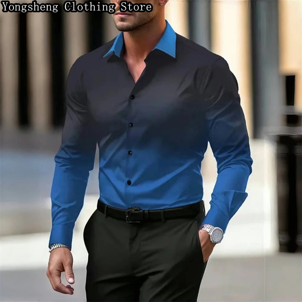 Mens long-sleeved ice silk printed shirt business splicing gradient pattern fashionable business casual clothing 240822