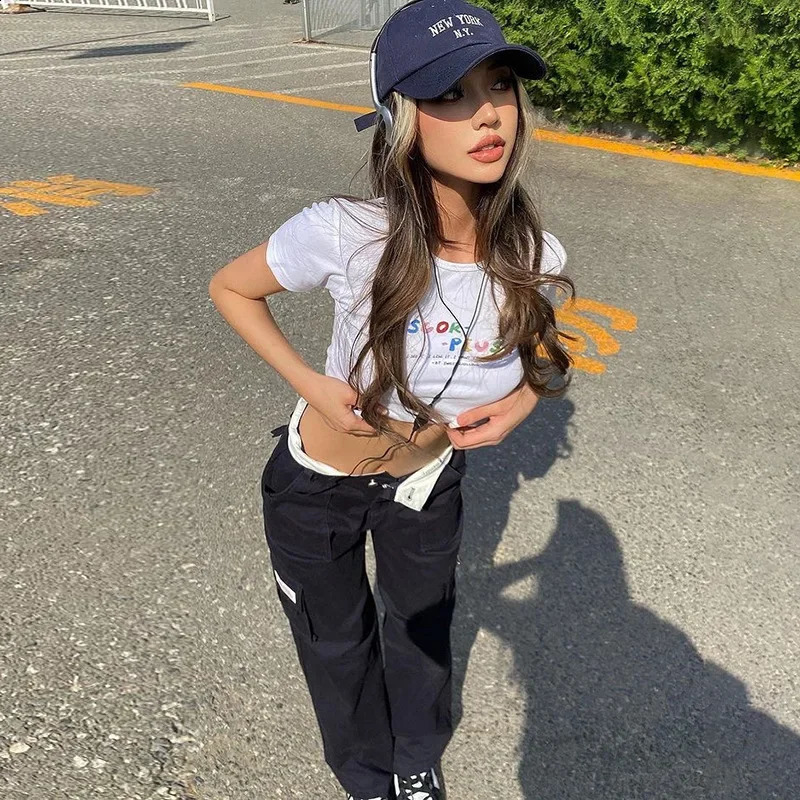 Y2k Streetwear Casual Cargo Pants Women Straight High Waist Baggy Pants Fashion Slim Zipper Multiple Pockets Sports Pants 240821