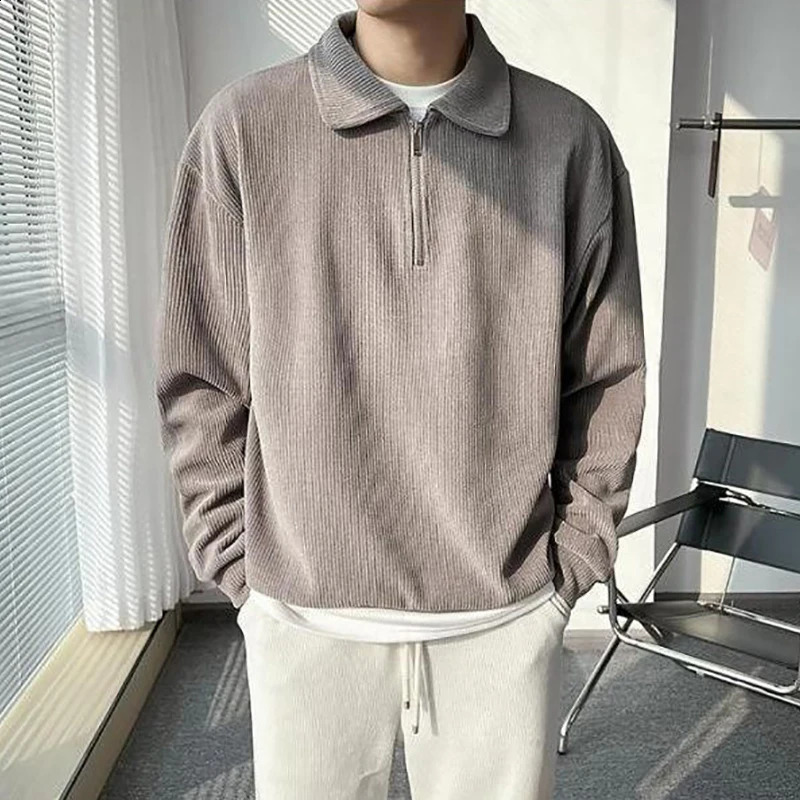 Fall Corduroy Long Sleeve Men Polo T Shirts Casual Harajuku Fashion Oversized Pullovers White Black Grey Hip Hop Punk Streetwear 240822