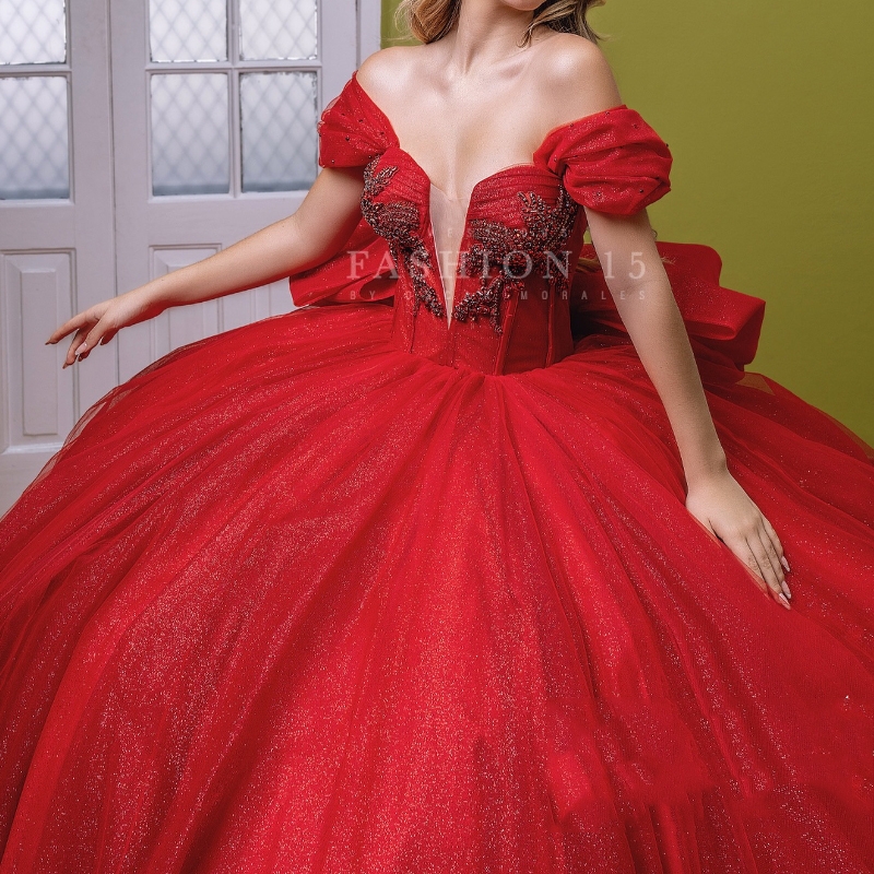 Red Shiny Quinceanera Dress Ball Gown Off The Shoulder Beads Crystals Bow Tull Corset Birthday Party Sweet 16 Vestido De 15 Anos