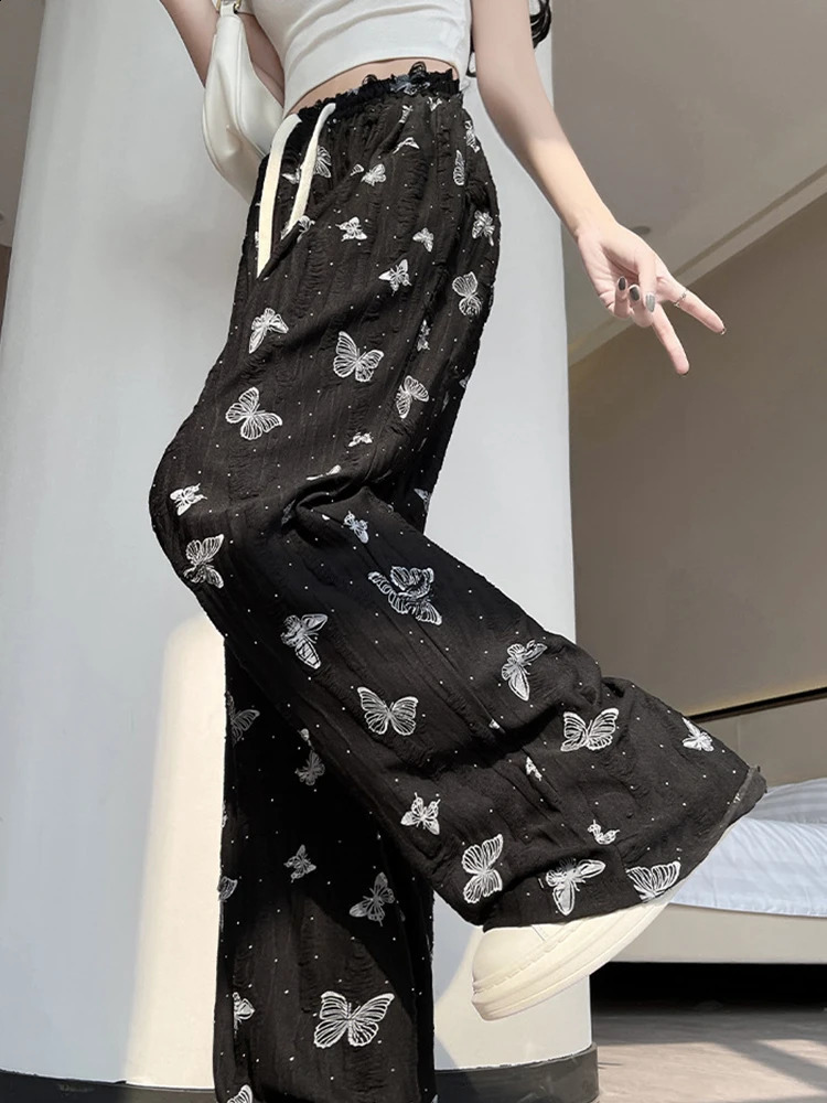 HOUZHOU Y2K Harajuku Butterfly Wide Leg Pants for Women Hole Streetwear High Waist Straight Trousers Female Rhinestone Summer 240821