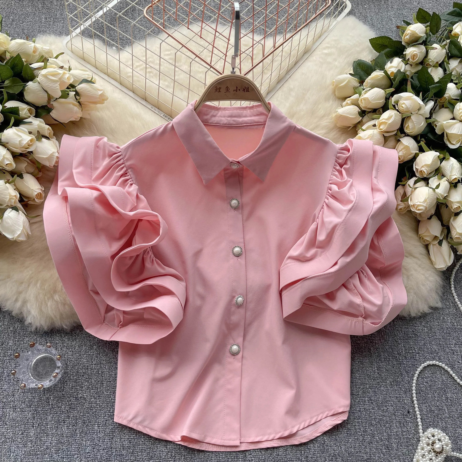 Elegant Blouse Top Women Turn-down Collar Short Sleeve Blouses Woman Solid French Chic Camisas Retro Ruffles Drop