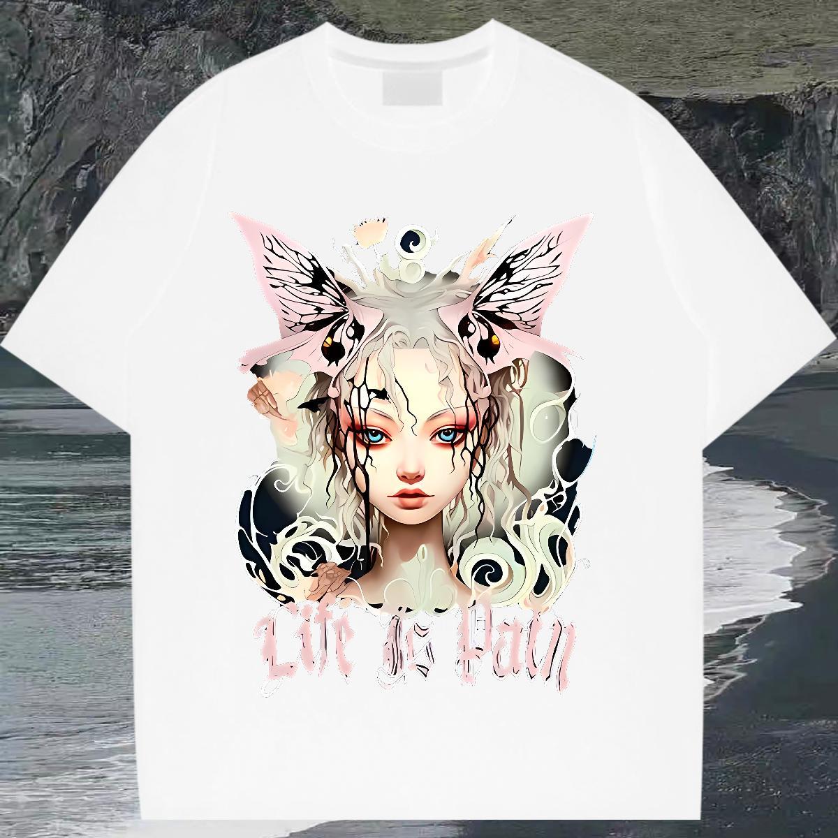 Fashion New Woman T Shirts 230g 100% Cotton Crew Neck Daily Outfit Butterfly Girl Women Tees High quality Oversized Tops