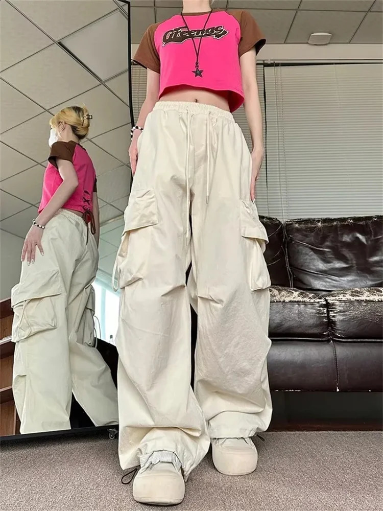 QWEEK Y2K Beige Cargo Pants Woman Streetwear Hip Hop Black Parachute Trousers Oversized Korean Fashion Wide Leg Pink Sweatpants 240821