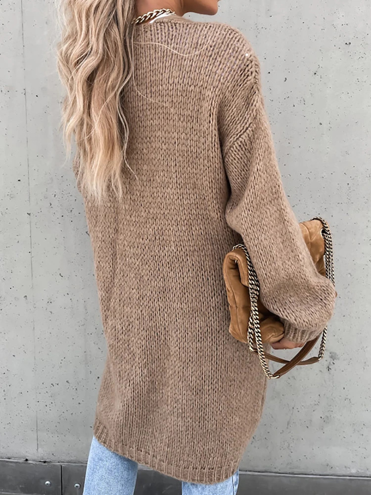Vneck long sleeved patched work sweater womens solid loose coat for autumn and winter casual elegant Maxi cardigan 240821