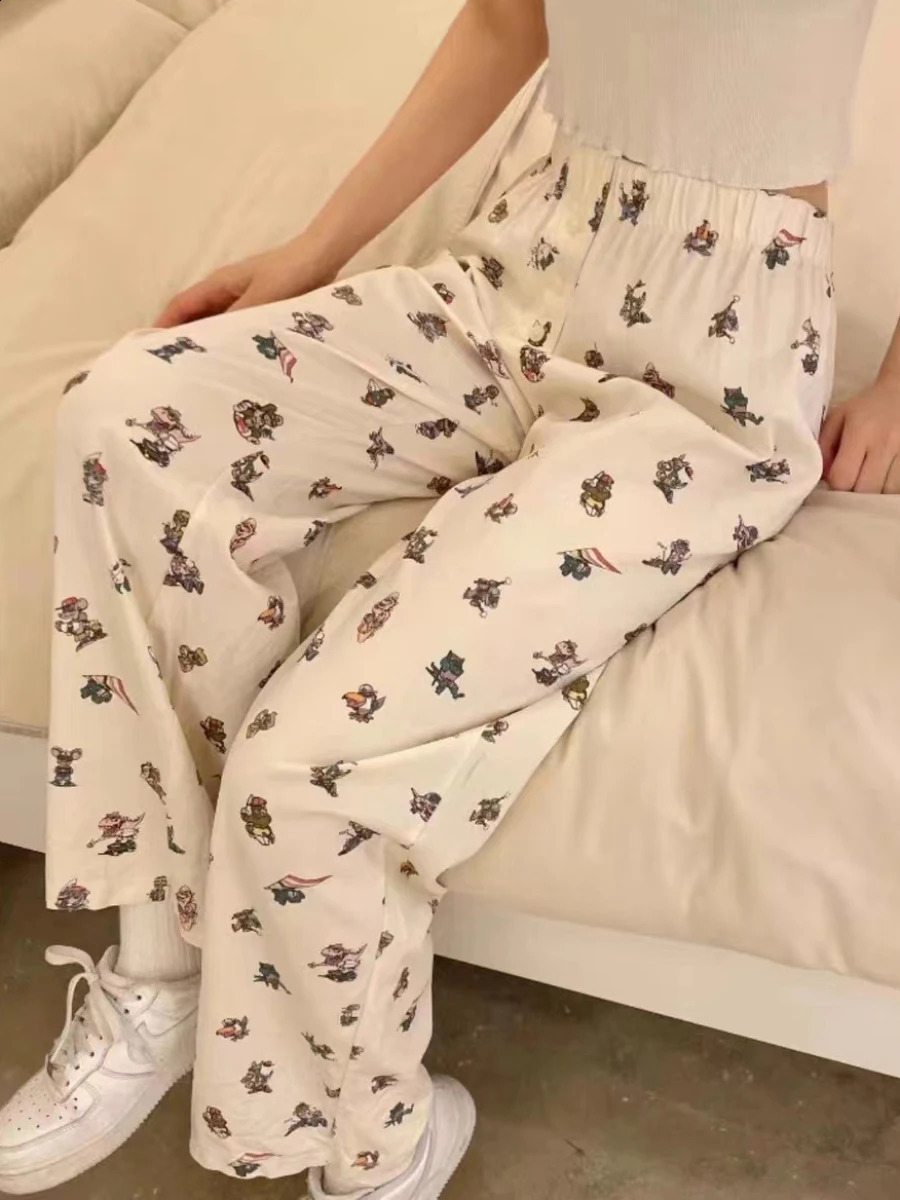Dinosaur Print Buttons Long Pant Woman Eleastic High Waist Straight Trousers Autumn Casual Harajuku Cartoon Graphic Pants Bottom 240821