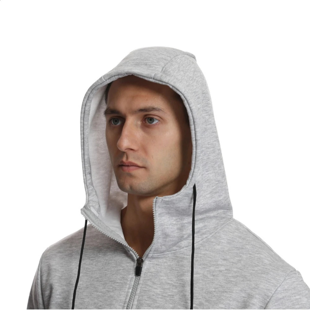 Mens sports training set gym fitness sportswear zipper jogging gray and black mens 240822