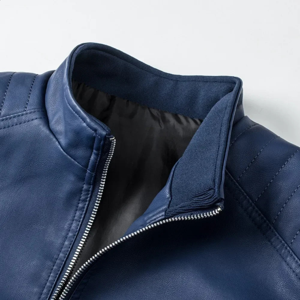 Motorcycle PU Leather Jacket Men Blue Leahter Jacket Male Stand Collar Casual Windbreaker Trendy Mens Clothing 240822