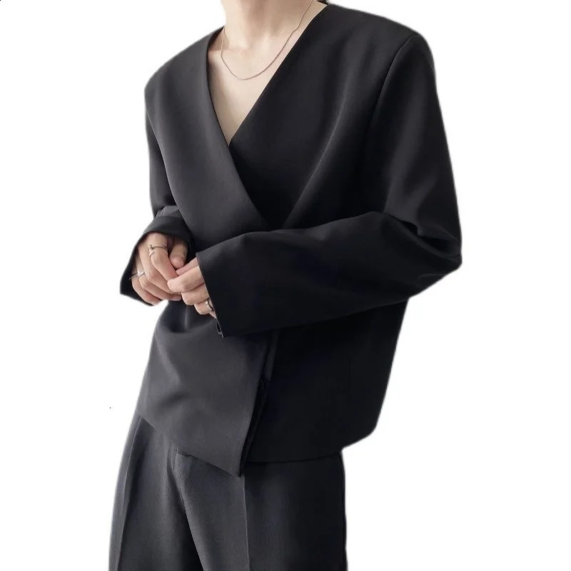 IEFB Autumn Personality Mens Collarless Short Suit Coat Simple Trend Black Oversized Asymmetric Breasted Clothes Y9248 240821