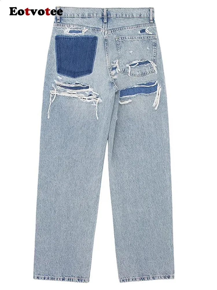EOTVOT Blue Vintage Women Casual Strtwear Denim Pants Hole Trousers Patchwork High Waisted Y2k Jeans Z260313