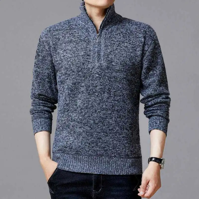 Simple mens autumn thick solid color sweater warm and casual stand up collar knitted floral fashion clothing 240821