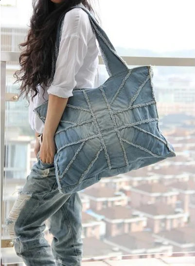 European and American fashion women shoulder bag denim bag washed rice word bag fitness bag travel bag 240821