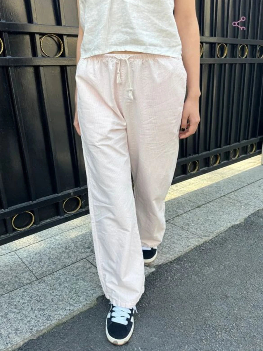 Pink Striped Linen Drawstring Long Pants Women Summer High Waist Casual Straight Pant Y2k Vintage Streetwear Loose Trousers 240821