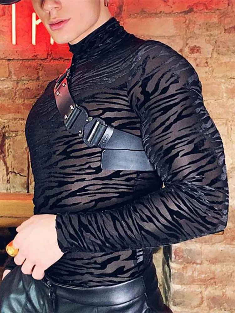 Mesh Shirt Long Sleeve Turtle Neck Nightclub Elastic Sexy Tshirt Spring Fashion Zebra Stripe Transparent Mens 240822