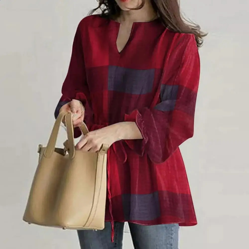 5XL plain weave elegant shirt Vneck ruffled cuffs waist tie simple casual flash long sleeved womens tuning top clothing 240822