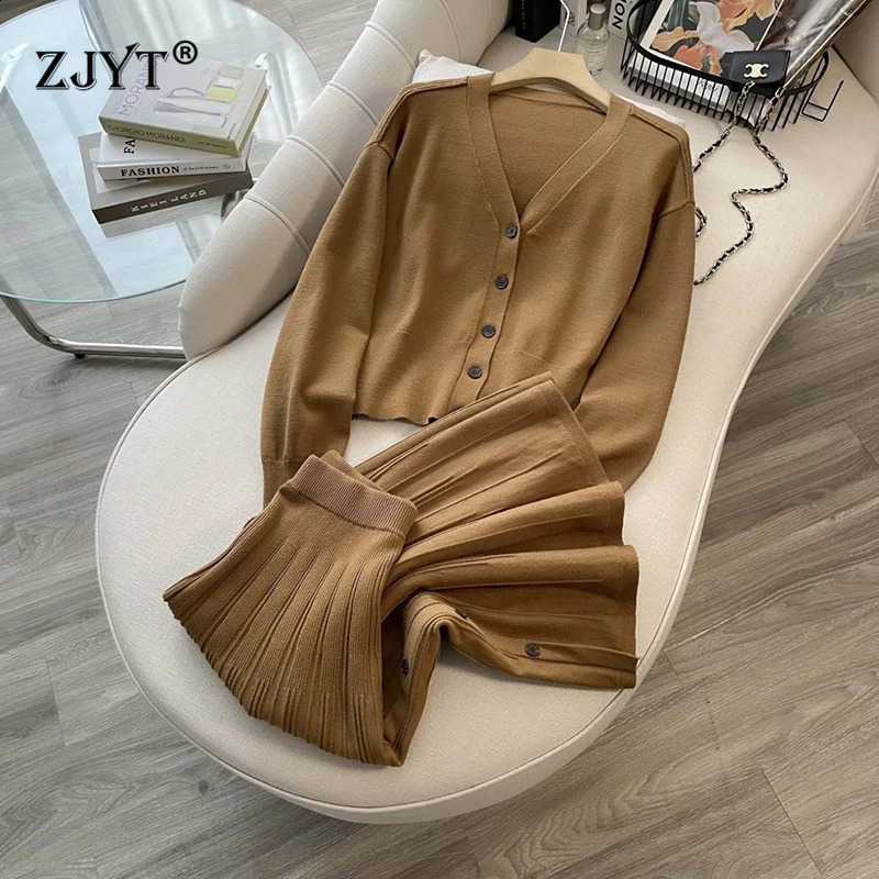 ZJYT autumn and winter knitted dress set twopiece womens fashion long sleeved Vneck cardigan sweater tight fitting black 240821