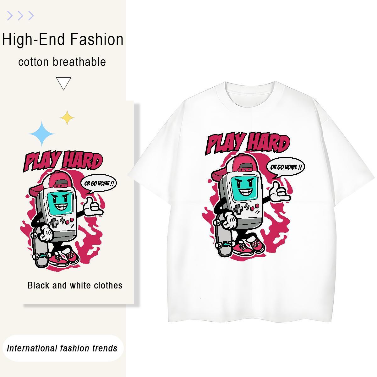 Wholesale Womens Tshirts 230g Pure Cotton game machine Casual Sport T-Shirts for Women Breathable Crew Neck Cartoon Print Clothings