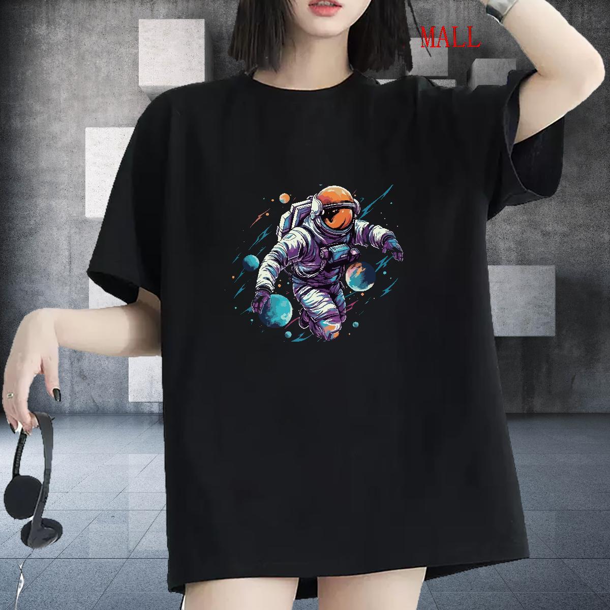 Lady Couples T Shirts 100% Cotton 230g cosmonaut Casual Sport T-Shirts for Women Round Neck Short Sleeve Customized Print Top Shirts