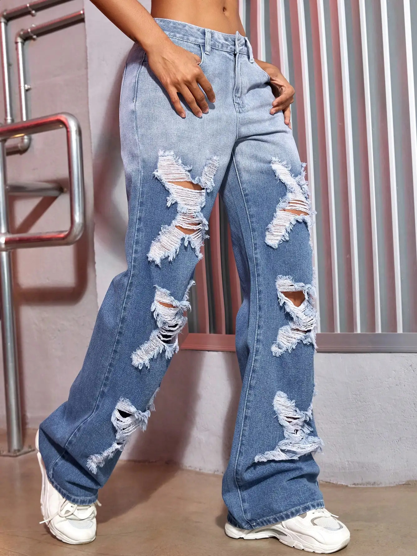 Y2K Women Ripped Jeans Color Contrast Split Shape Wide Leg Denim Trousers Strtwear Z260313