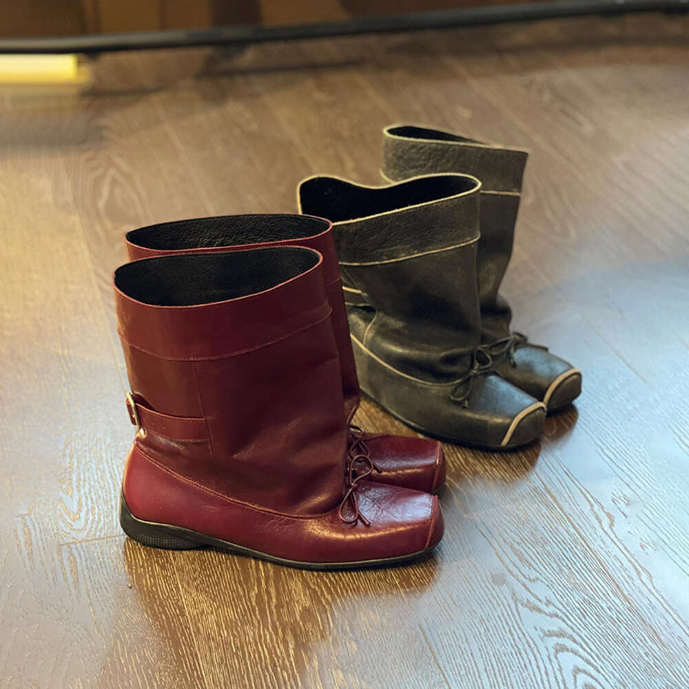Ddmysports Cowhide Version Square Bow Wide Tube Mid For Women New Korean Long Leg Western Cowboy Boots OUTDOOR