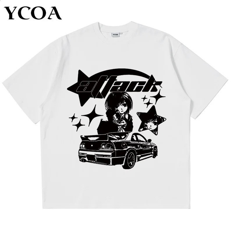 Large mens Tshirt Y2k top pure cotton printed car summer Harajuku street clothing graphite short sleeved retro aesthetic 240822