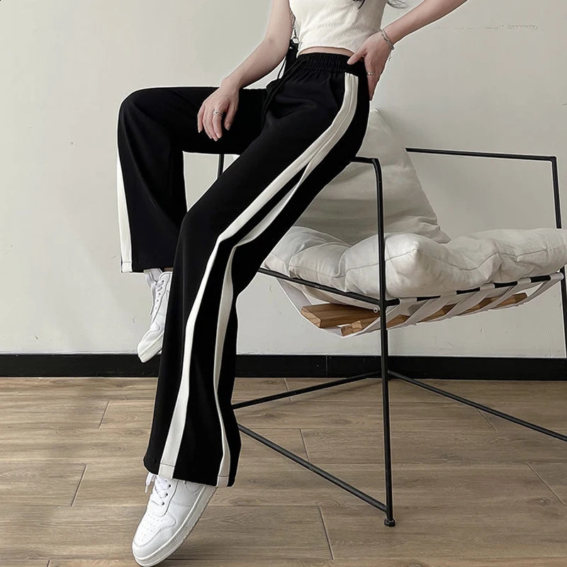 Side Stripe Sweatpants Y2k Women Summer Korean Style High Waist Streetwear Harajuku Straight Wide Leg Pants Casual Trousers 240821