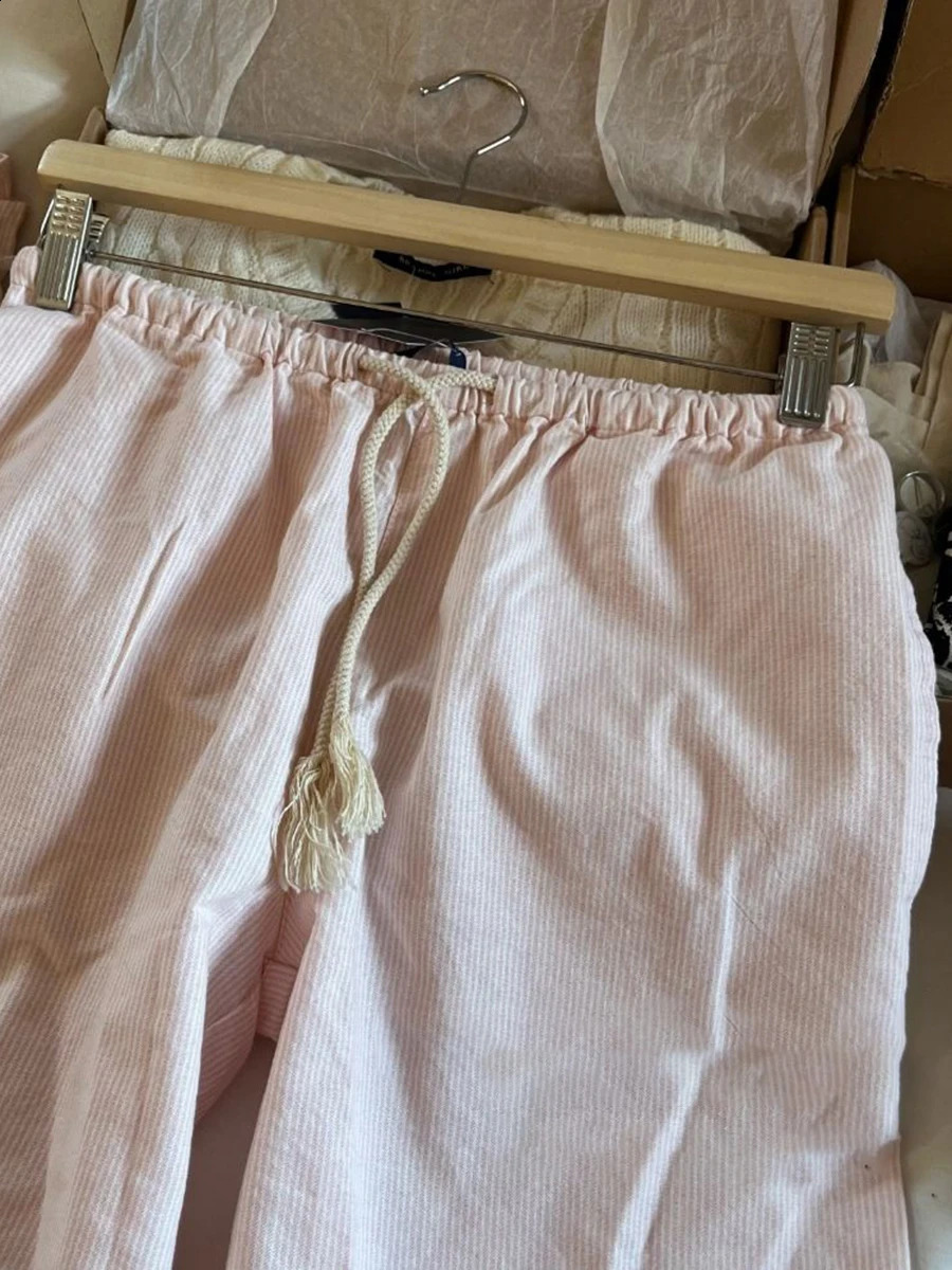 Pink Striped Linen Drawstring Long Pants Women Summer High Waist Casual Straight Pant Y2k Vintage Streetwear Loose Trousers 240821