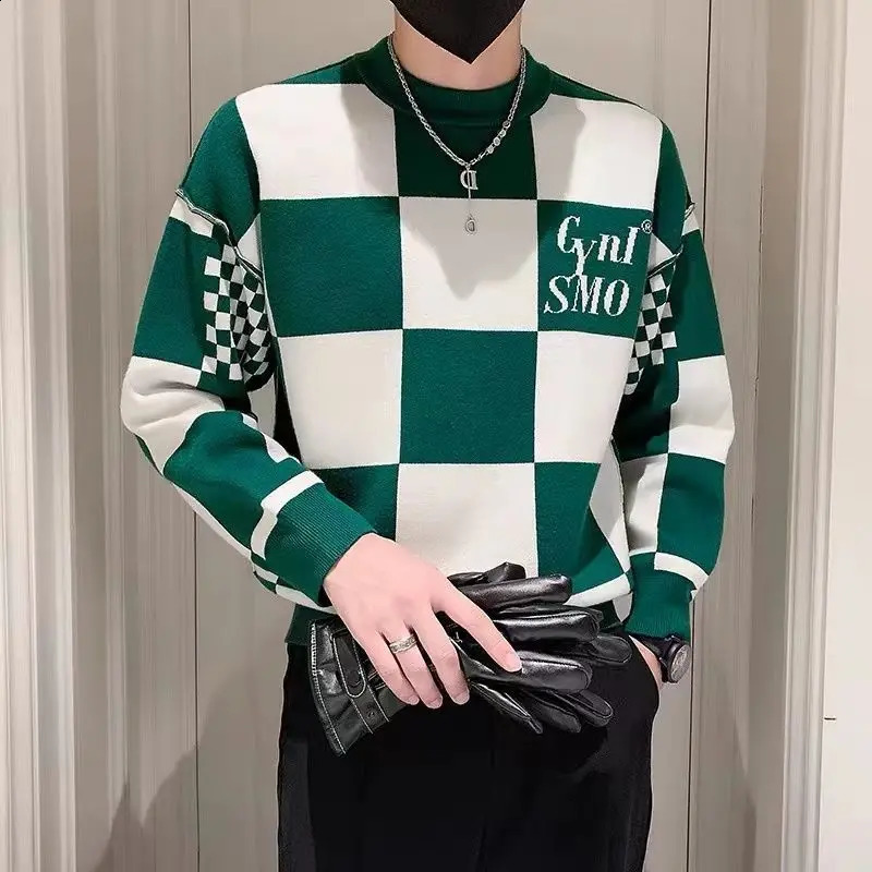 Mens Fashion Round Neck Patchwork Sweater Autumn Winter Contrast Color Printed Letter Long Sleeve Loose Casual Knitted Tops 240821