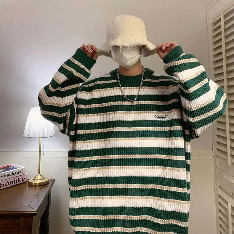 Lazy Retro Striped Sweater Men Women Autumn Winter Thick Knit Casual Embroidered Knit Pullover Sweater Jacket Couple 240821