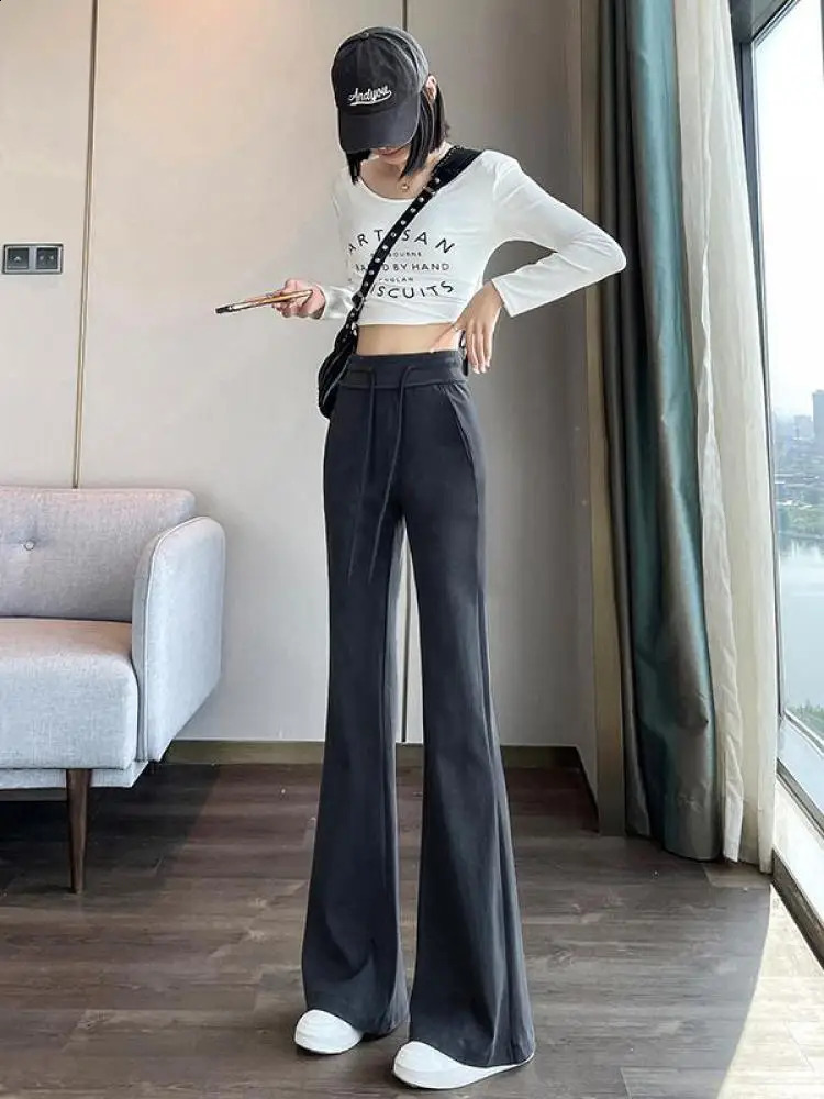 Womens Black Long Pants Slim Bell-bottoms High Waist Autumer Winter Korean Fashion Y2k Gray Casual Drawstring Bandage Trousers 240821