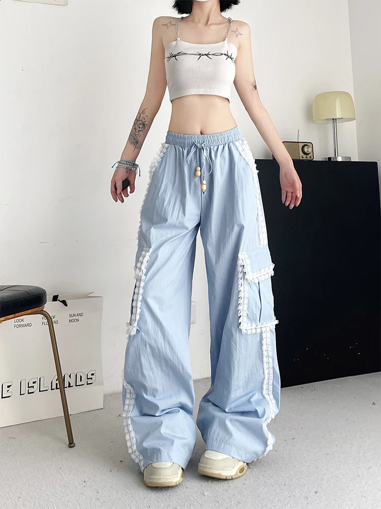 Womens Blue Cargo Pants Baggy Streetwear Harajuku Japanese 2000s Style Y2k Lace Parachute Pants Vintage Trousers Clothes 240821
